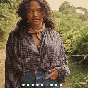 Doen The Jane Organic Cotton Plaid Long Sleeve Blouse Midnight St Germain - S